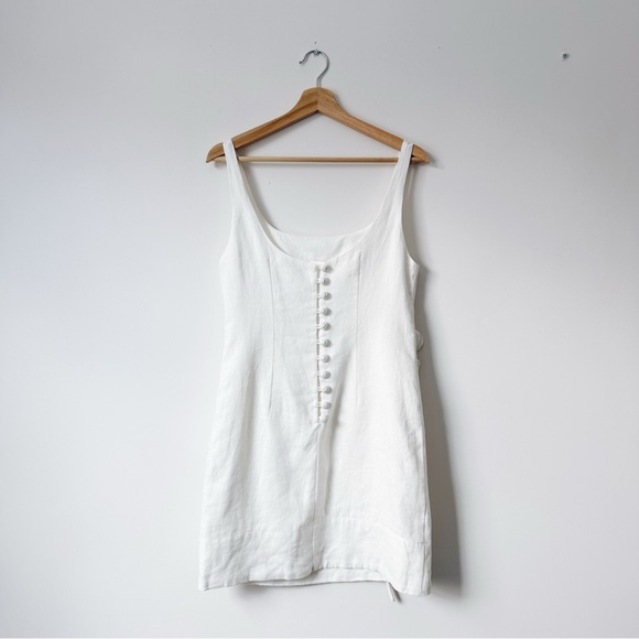 Farm Rio Floral-Appliqud Linen Mini Dress White Farm Rio Floral-Appliqud Linen Mini Dress White